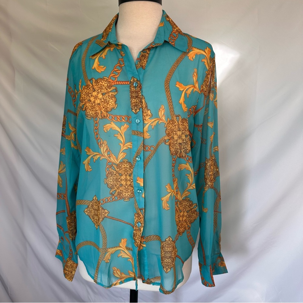 Teal and Gold Sheer Button-Up Blouse